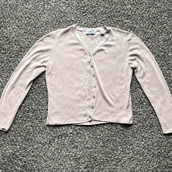 100% Silk Lord & Taylor Cardigan Women Petite Medium Baby Pink/Cream Long Sleeve - Picture 1 of 7